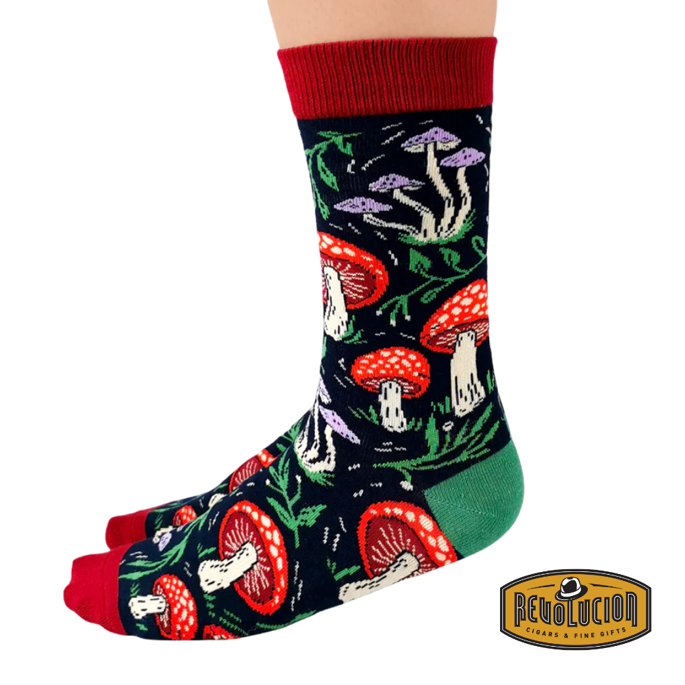 Uptown Mushroom Magic calf-length cotton unisex socks, side view featuring a whimsical mushroom-themed design for nature and fantasy lovers.