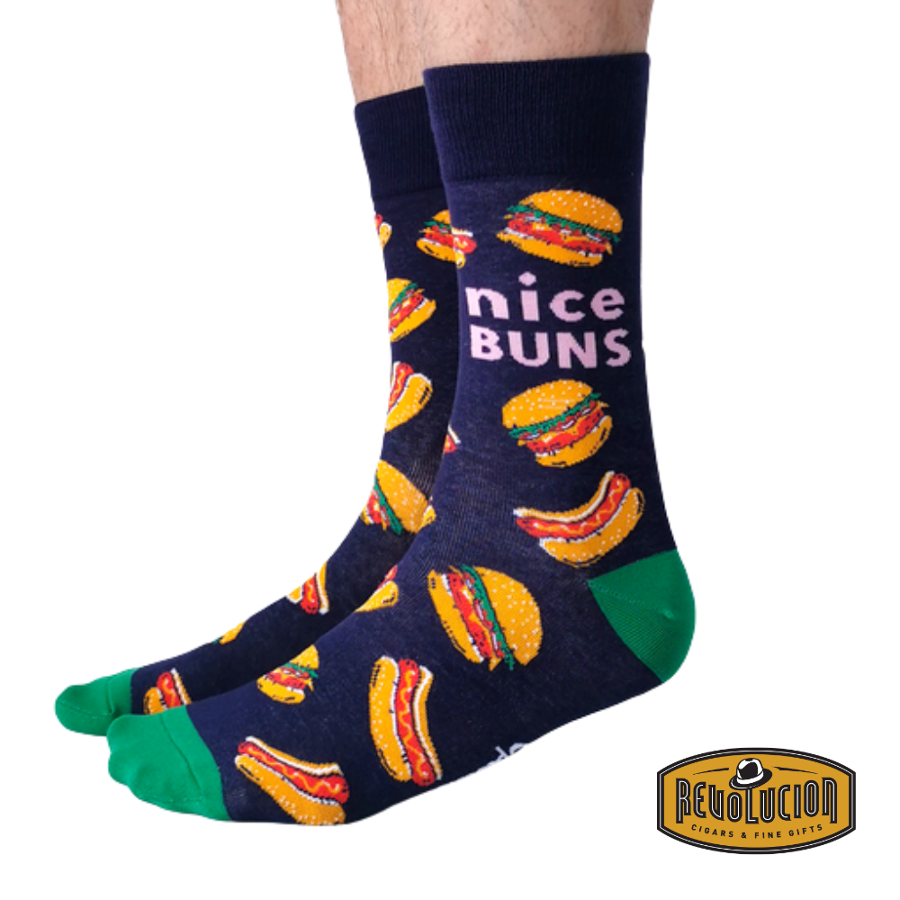 Side view of Uptown Nice Buns calf-length cotton unisex socks, featuring a fun burger-themed design with vibrant colors.