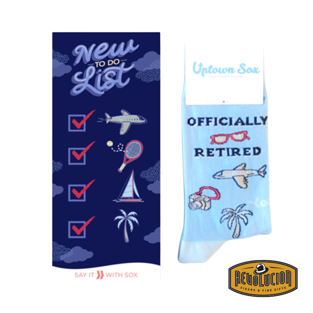 Uptown Officially Retired calf-length cotton unisex socks, featuring a fun retirement-themed design, elegantly packed in a gift box with a greeting card.