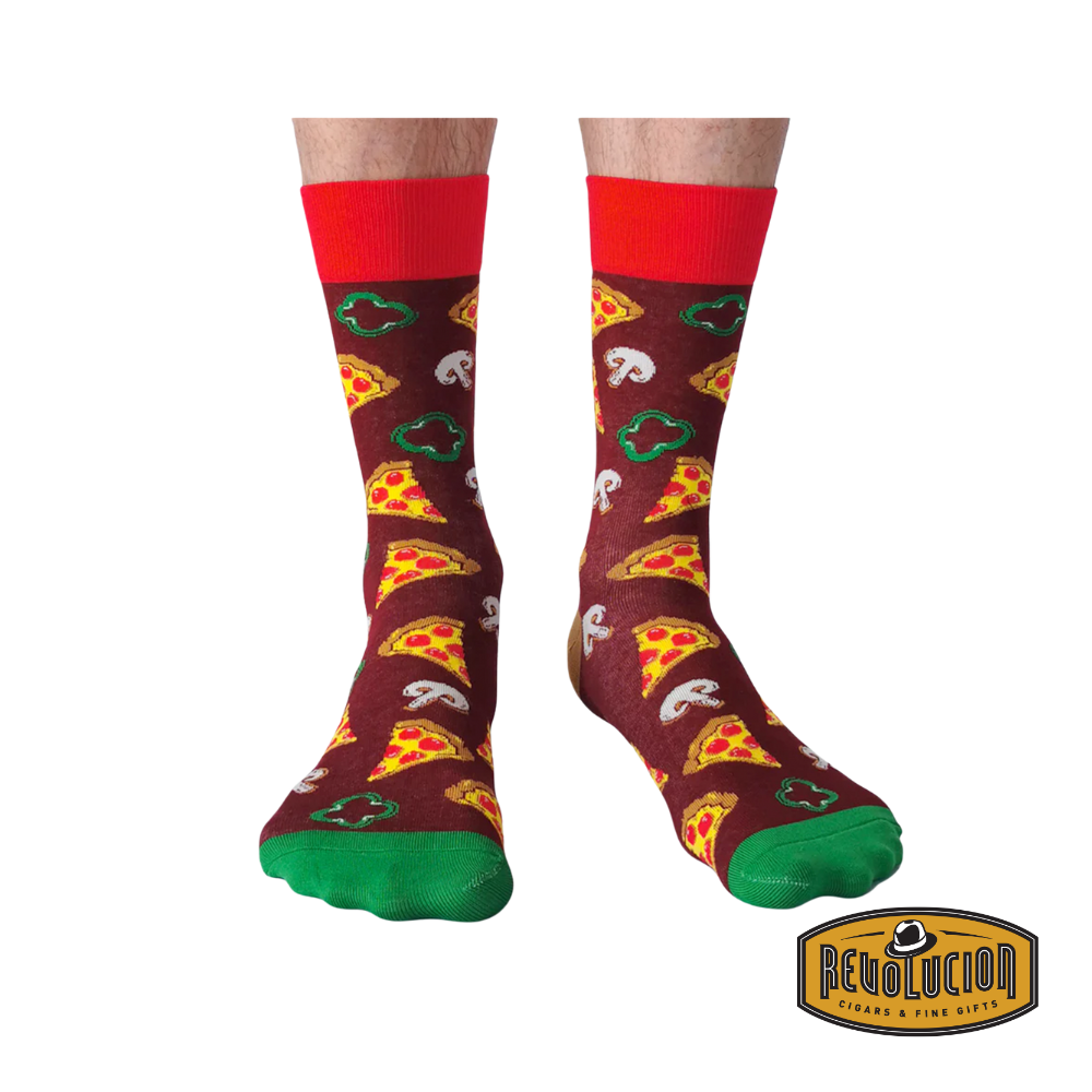 Uptown Pizza Party calf-length cotton trendy socks, front view showcasing the playful pizza slice pattern, perfect for food lovers.