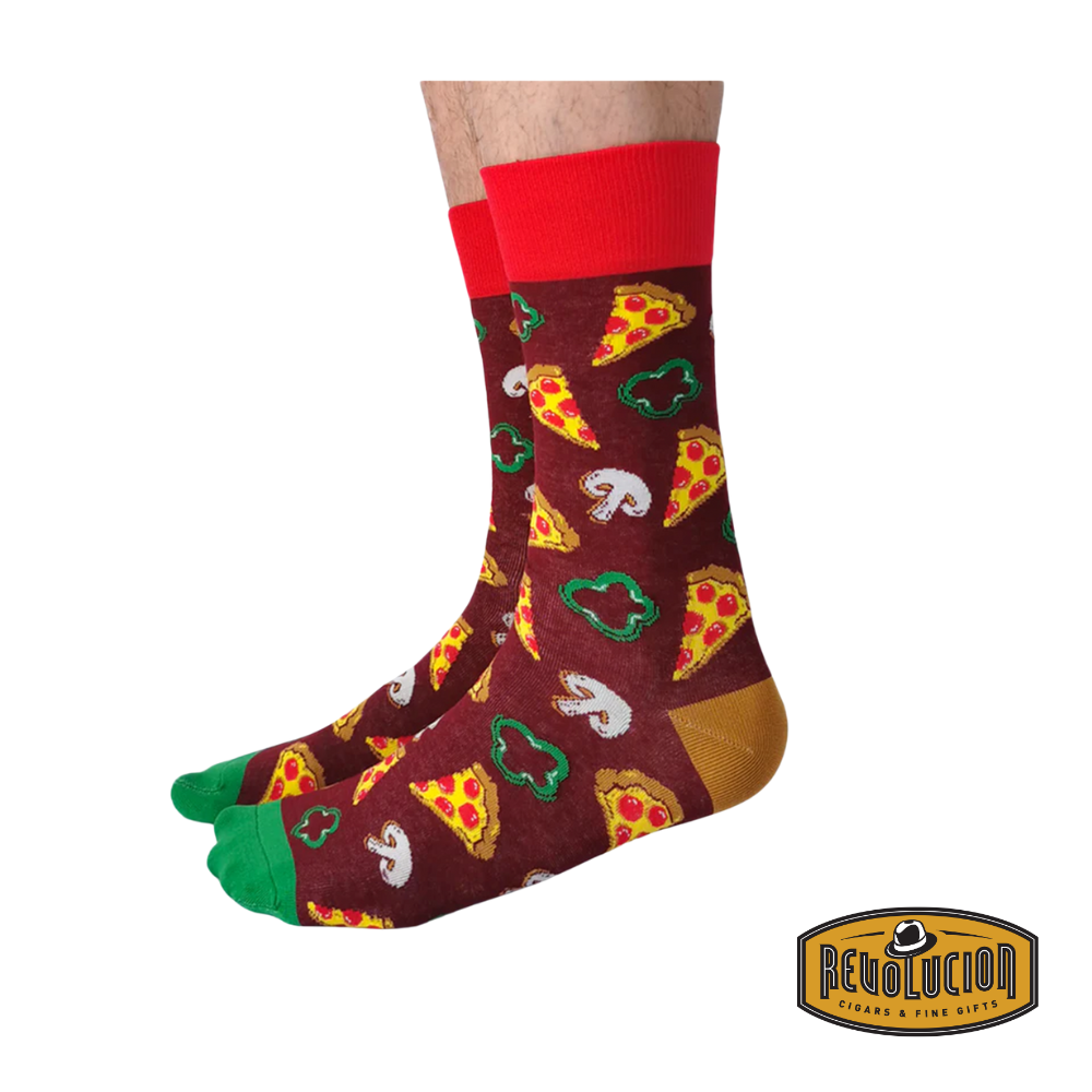 Uptown Pizza Party calf-length cotton trendy socks, side view displaying a fun pizza-themed design with vibrant details.
