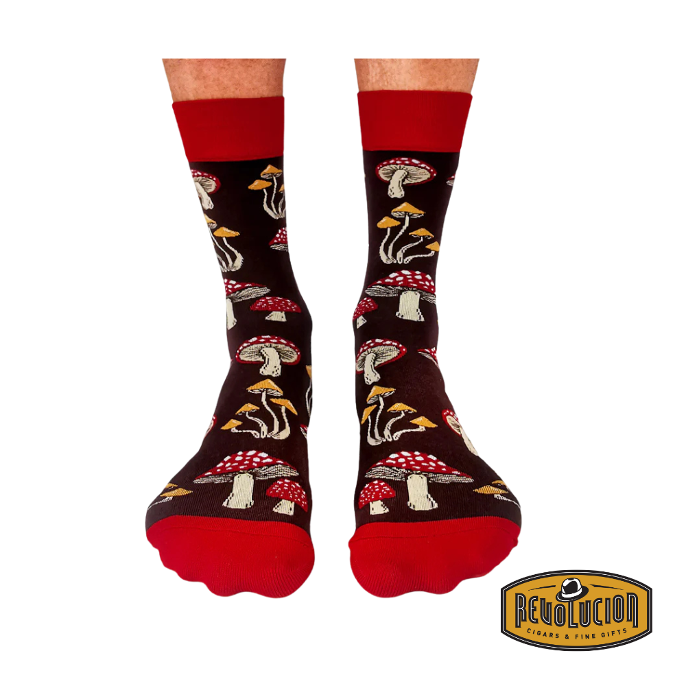 Front view of Uptown Mushroom Magic calf-length cotton unisex socks showcasing a colorful mushroom design for a trendy look.