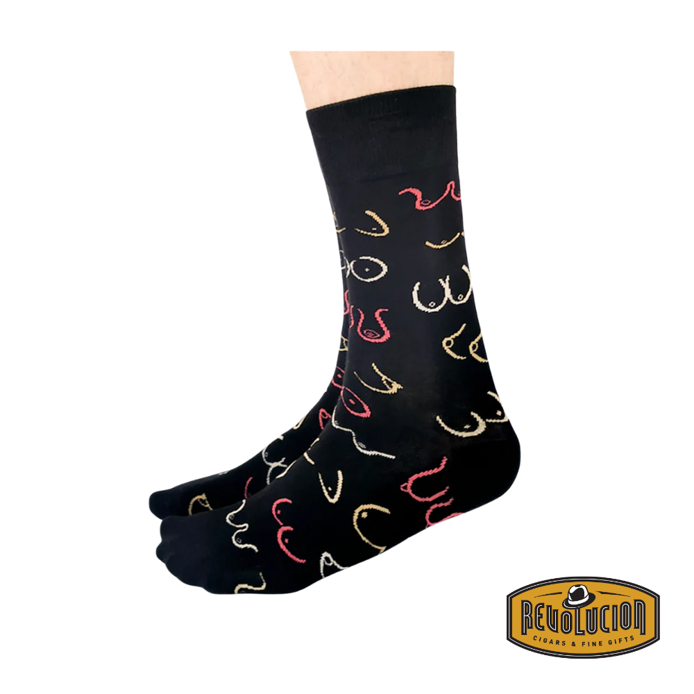 Side view of Uptown Simply Breast unisex socks, showcasing the comfortable fit and eye-catching design supporting breast cancer awareness.