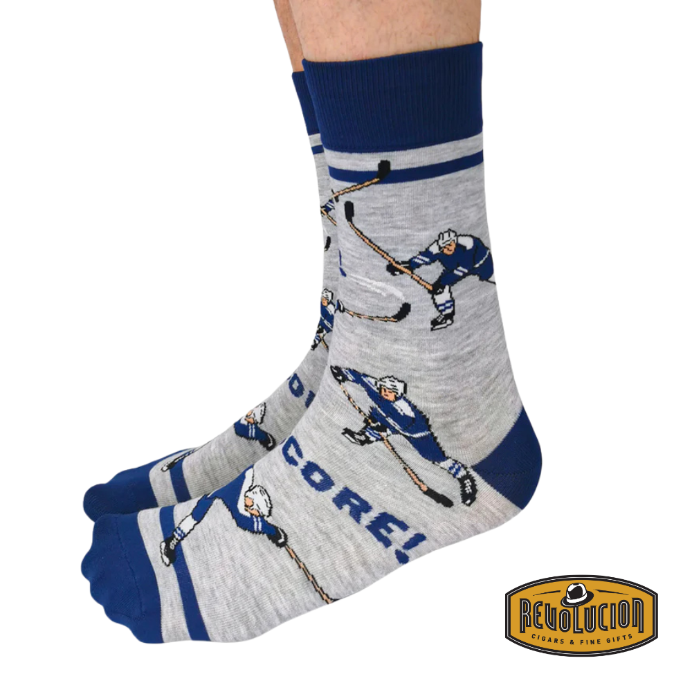 Uptown Slap Shot Blue calf-length cotton unisex socks, side view featuring an ice hockey-themed design in bold blue tones.