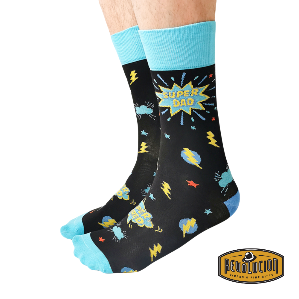 Uptown Super Dad calf-length cotton trendy socks, side view showcasing the bold design and vibrant colors.