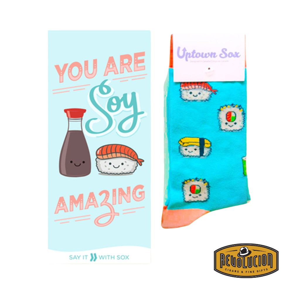 Uptown Sushi Roll calf-length cotton unisex socks, featuring a playful sushi-themed design, neatly presented in a stylish gift box with a matching greeting card.