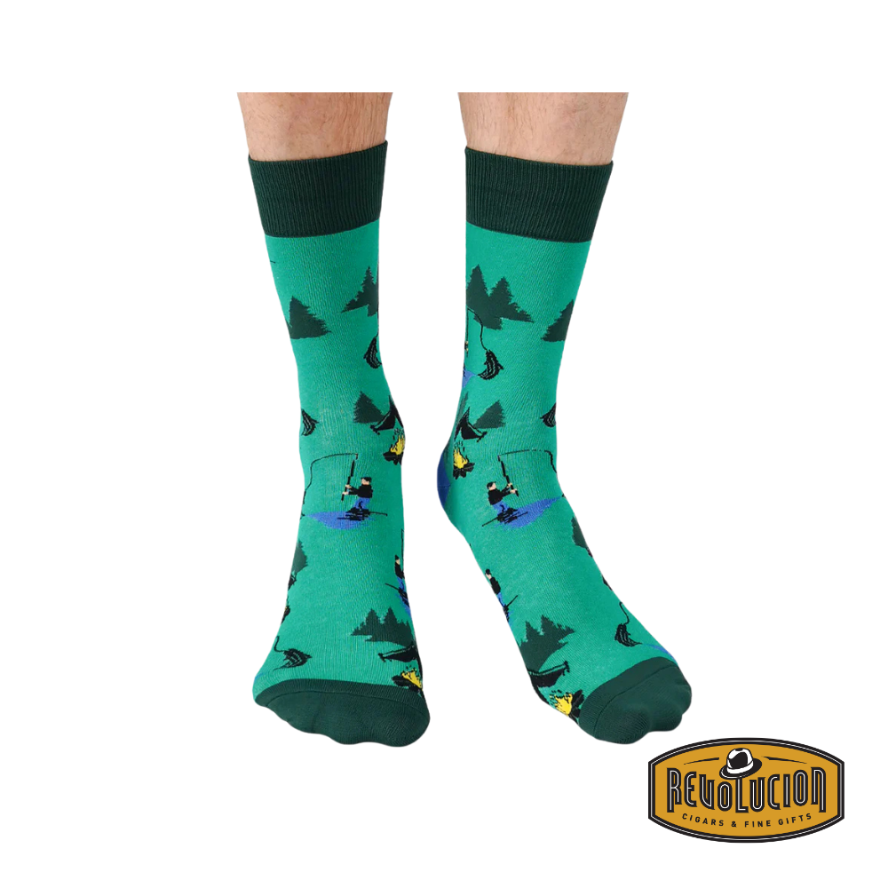 Front view of Uptown The Woodsman calf-length cotton unisex socks, featuring a rustic, nature-inspired design perfect for outdoor lovers and adventurers.