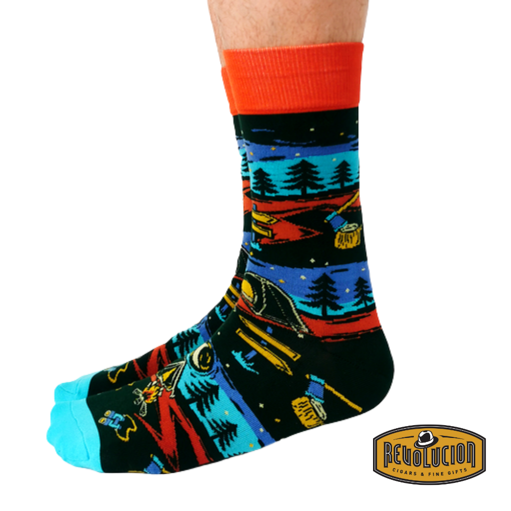 Uptown Trailblazer calf-length cotton trendy socks, side view featuring a bold outdoor-inspired design for adventurers and explorers.