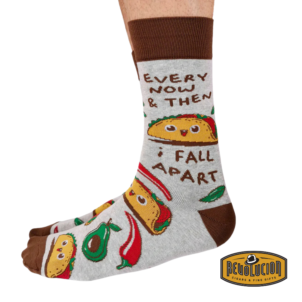 Side view of Uptown Tumbling Taco calf-length cotton unisex socks showcasing a playful taco design, adding a fun and quirky touch to any outfit.