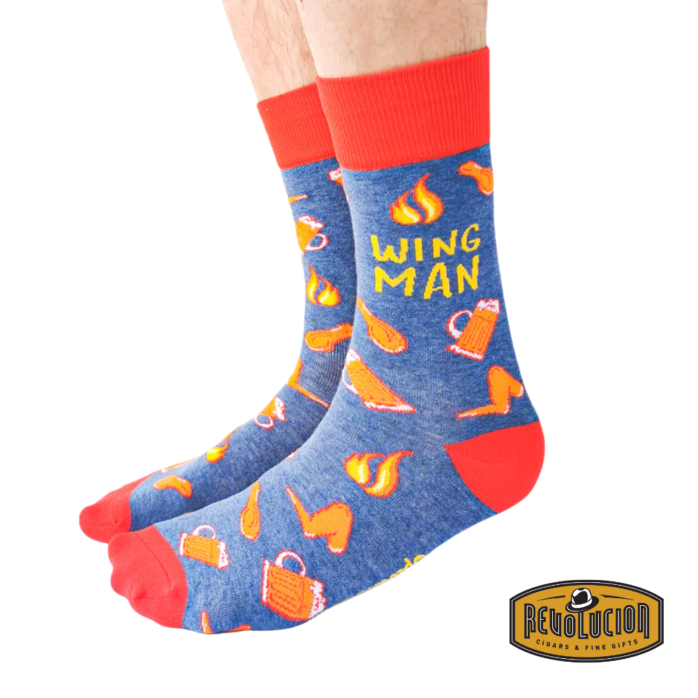 Uptown Wing Man calf-length cotton unisex socks, side view showcasing a stylish aviation-themed design with a bold and modern look.