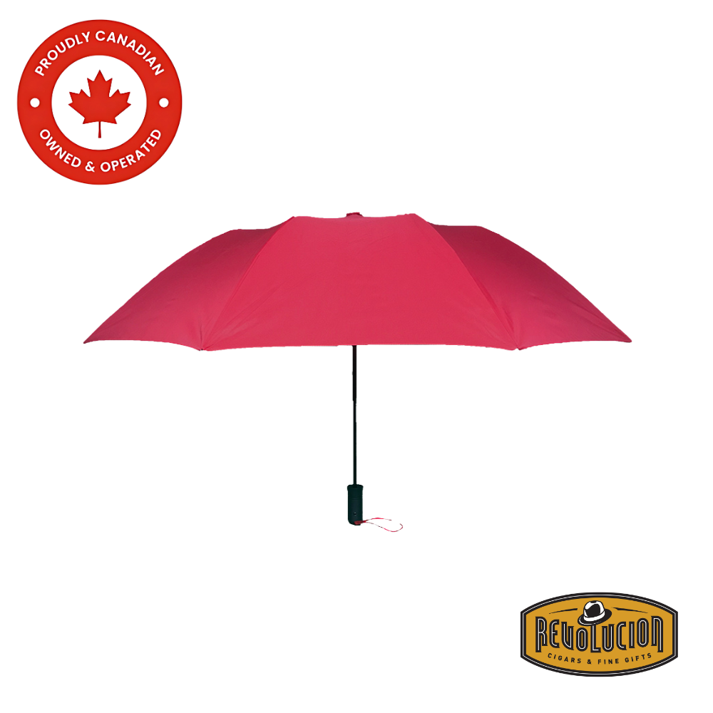 The Vancouver Umbrella Auto Short in bold red, fully opened, showcasing its compact yet durable design with an automatic open function, sturdy frame, and wind-resistant canopy for reliable protection against the rain.