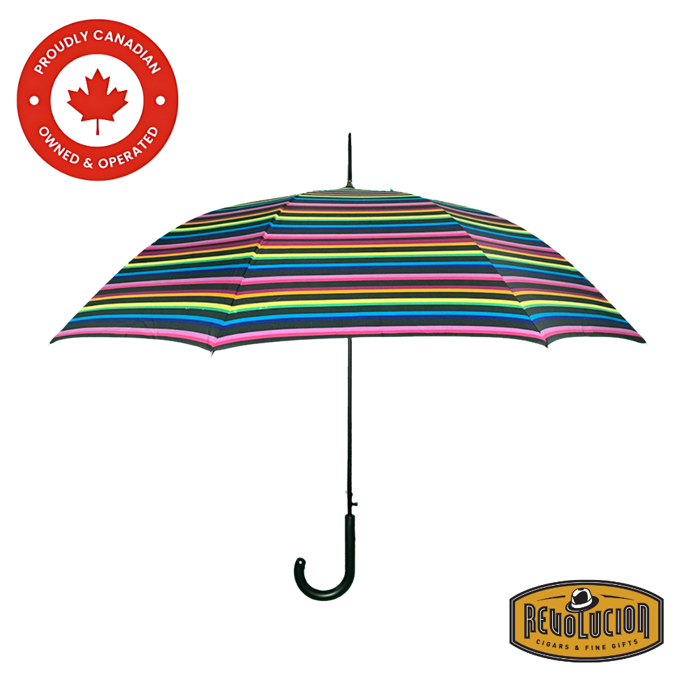 A vibrant Vancouver Umbrella Mist Long Automatic featuring multicolored stripes, adding a playful yet sophisticated touch to rainy-day essentials. Crafted for durability and effortless use, it provides reliable coverage with a splash of color.