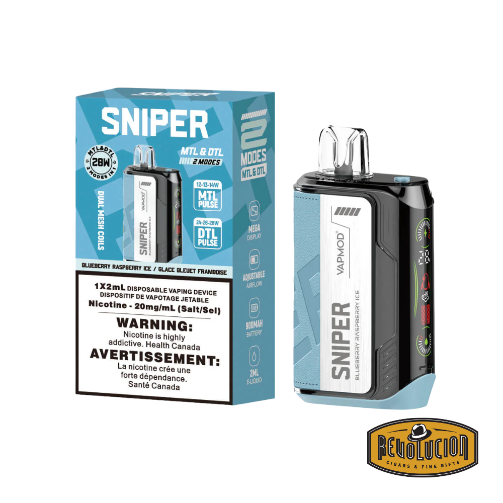 Vapmod Sniper Disposable Vape 20mg/ml in Blueberry Raspberry Ice flavor, featuring a sleek design and bold blue color with fruity, icy flavor branding.