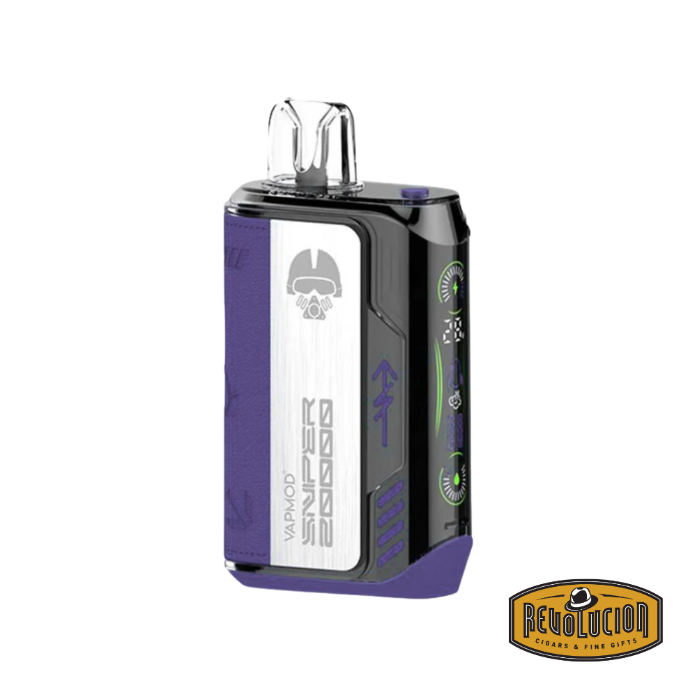 Vapmod Sniper Disposable Vape in Aloe Grape flavor with 20mg/ml nicotine strength, designed for sleek, on-the-go vaping.