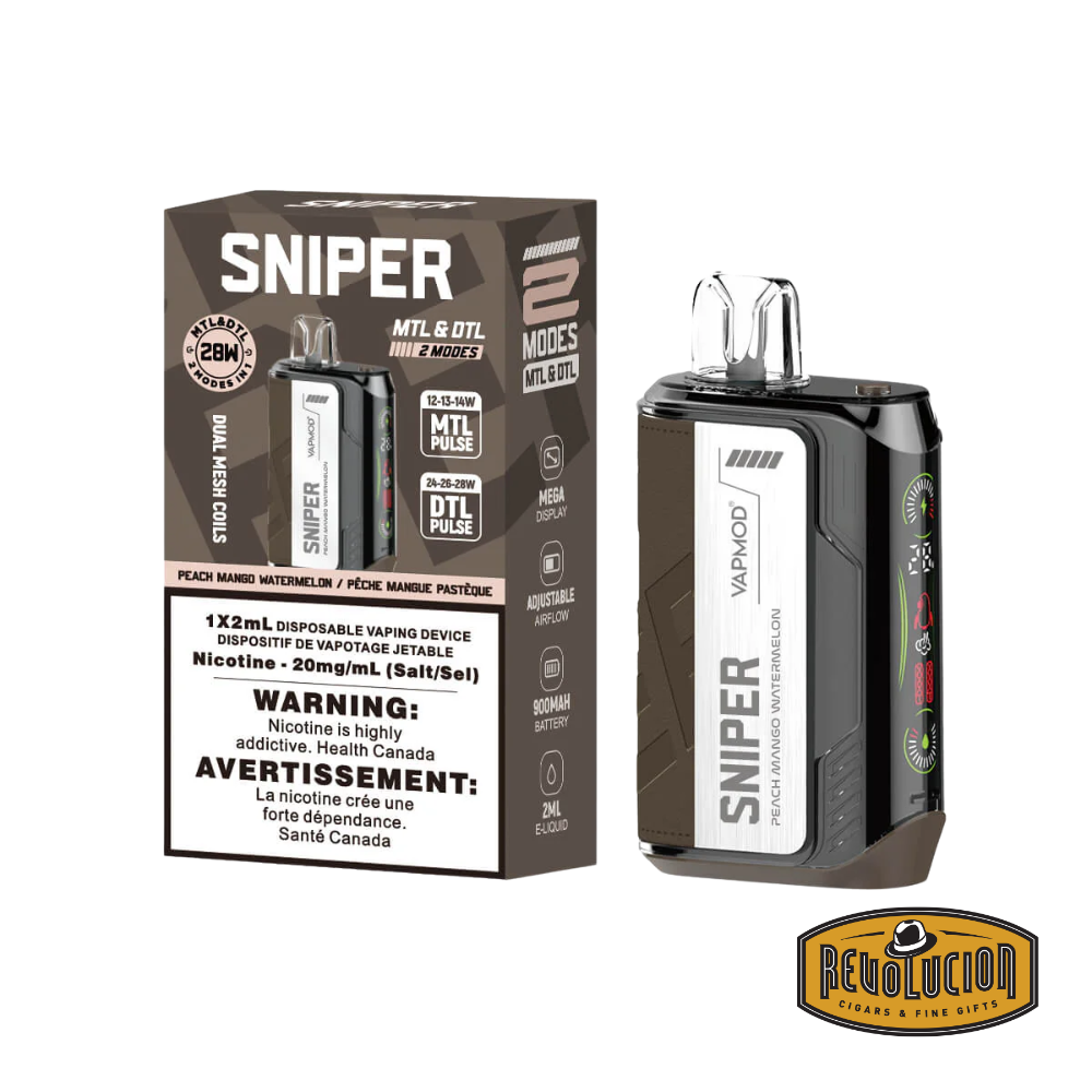 Vapmod Sniper Disposable Vape in Peach Mango Watermelon flavor with 20mg/ml nicotine strength, offering a compact and flavorful vaping experience.