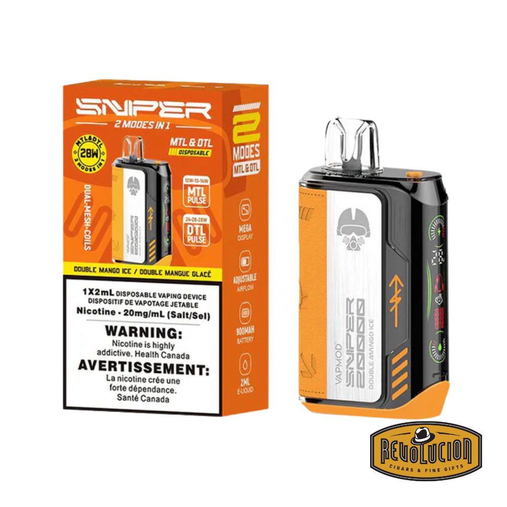 Vapmod Sniper Disposable Vape 20mg/ml in Double Mango Ice, offering a rich mango flavor with an icy menthol finish in a compact, disposable design.