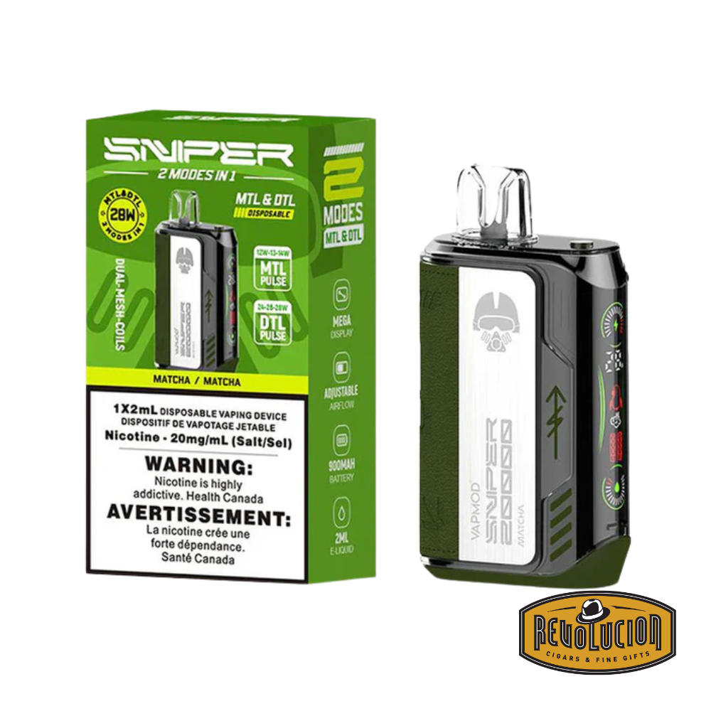 Vapmod Sniper Disposable Vape 20mg/ml in Matcha, offering the smooth, earthy flavor of matcha green tea in a convenient, disposable vape device.