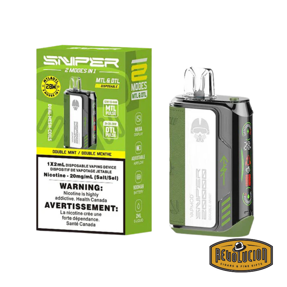 Vapmod Sniper Disposable Vape 20mg/ml in Double Mint, delivering an extra-cool burst of refreshing mint in a sleek, portable disposable vape.
