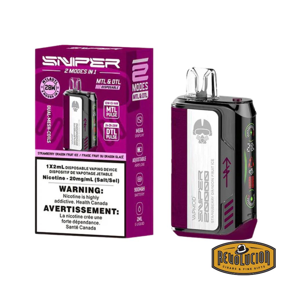 Vapmod Sniper Disposable Vape 20mg/ml in Strawberry Dragon Fruit Ice, blending sweet strawberry and exotic dragon fruit with a cool menthol finish in a convenient, disposable vape.
