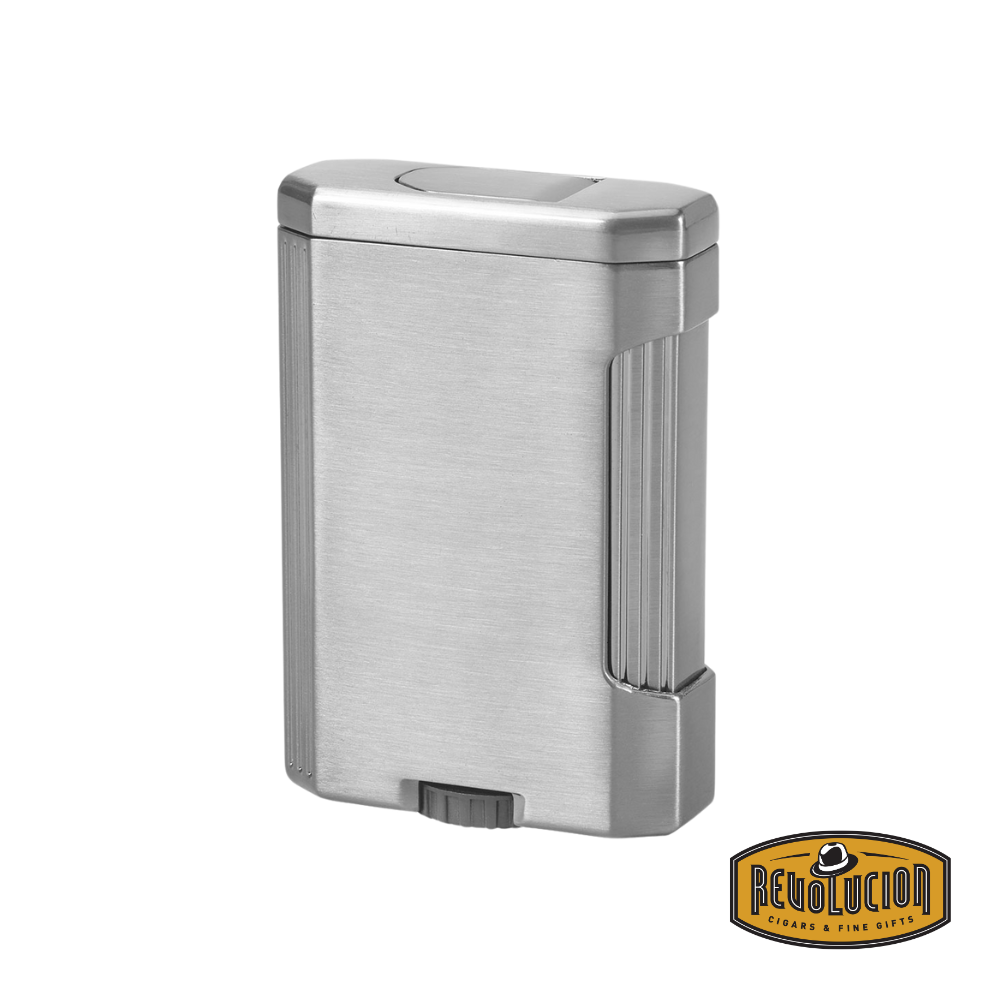 Vertigo Intrigue Table Quad Flame Lighter in Chrome, showcasing its sleek front design and sturdy construction.