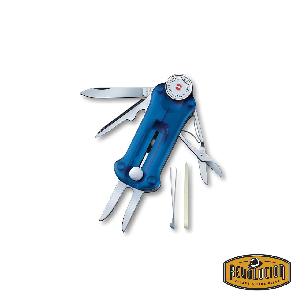 Victorinox Golf Tool in sapphire blue, fully opened, showcasing multiple golf-specific tools including a divot repair tool, ball marker, and groove cleaner.