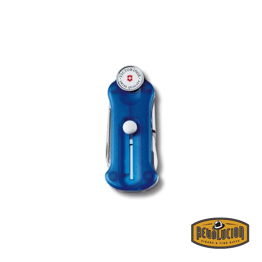 Victorinox Golf Tool in sapphire blue, compact and closed, with its ergonomic design and Swiss precision craftsmanship visible.