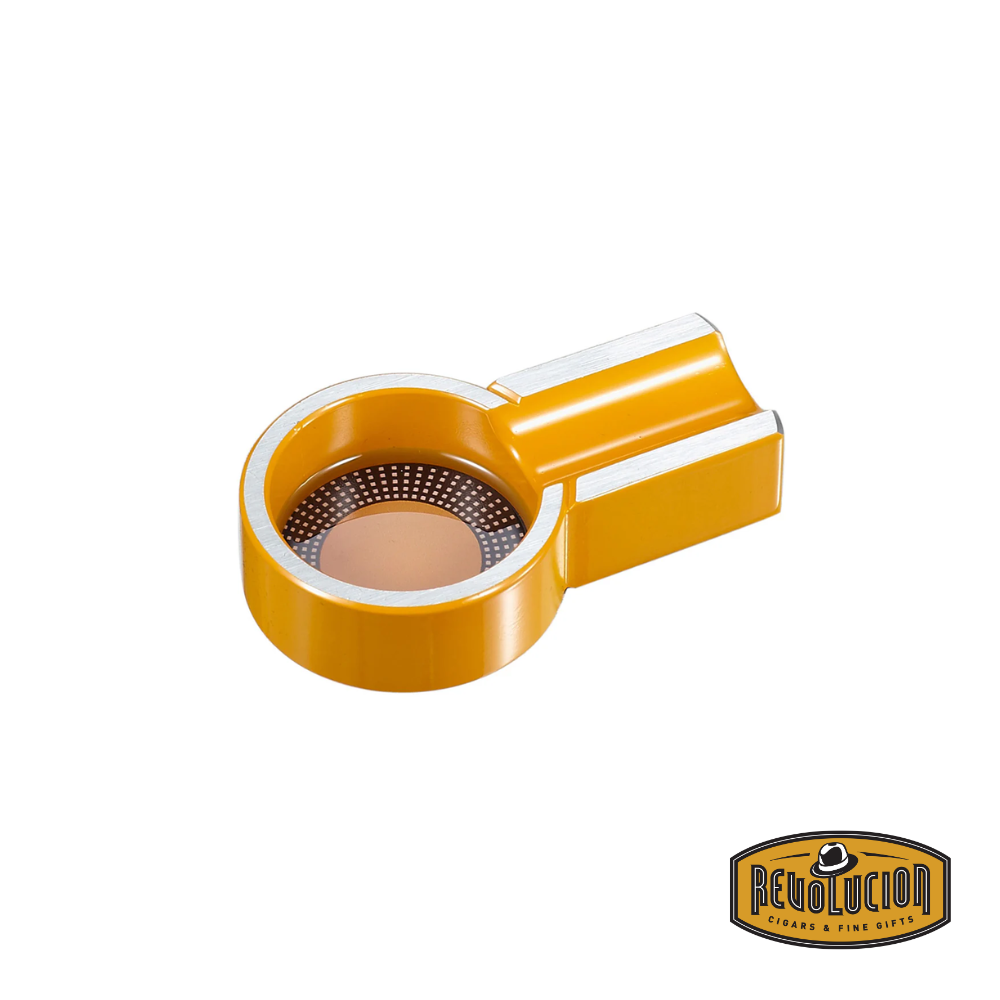 Yellow Visol Absolem Single Cigar Ashtray with a sleek modern design, featuring a built-in cigar rest and a perforated metal base, perfect for stylish and functional cigar enjoyment.