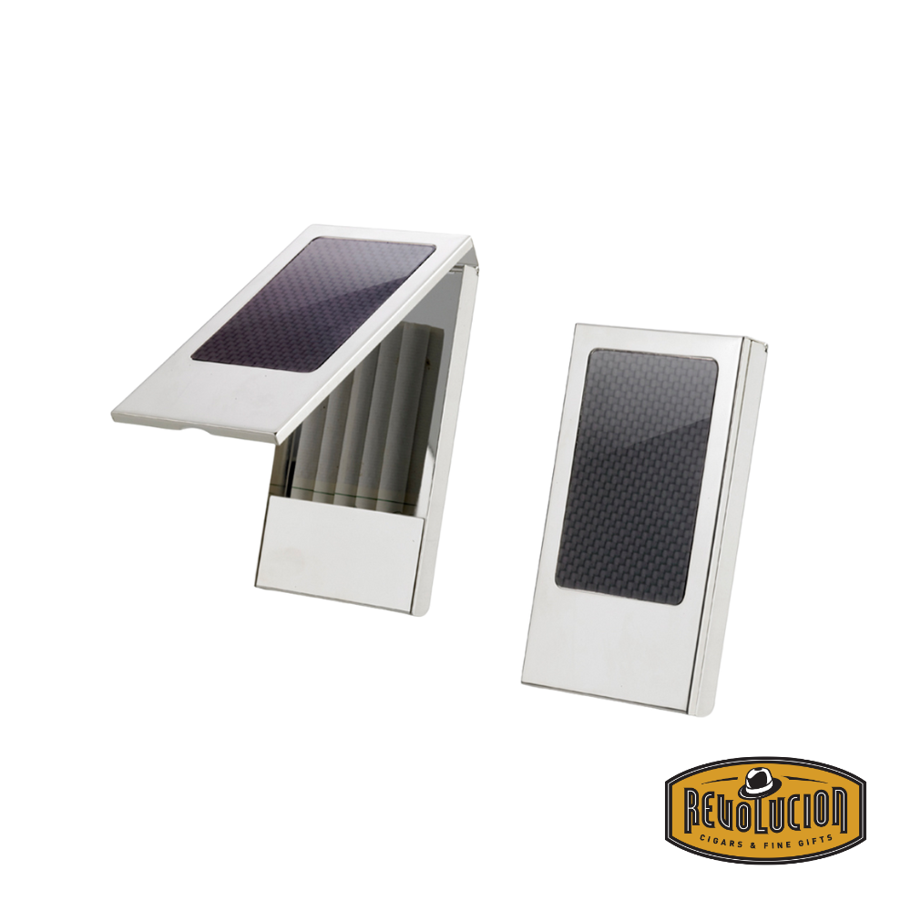 Visol Devlin Carbon Fiber Silver Plated Cigarette Case – one case opened showing interior, next to a closed case with sleek carbon fiber design.