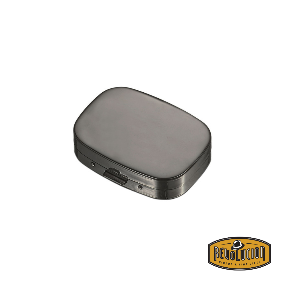 Opened Visol Jerome Gunmetal Plated Pocket Ashtray with a cigarette resting inside, showcasing its compact and functional design.
