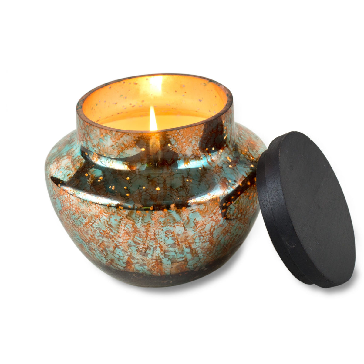 Himalayan Handmade Candles - Watercolor Glass Turquoise &amp; Copper, Sunlight in the Forest - 16 OZ