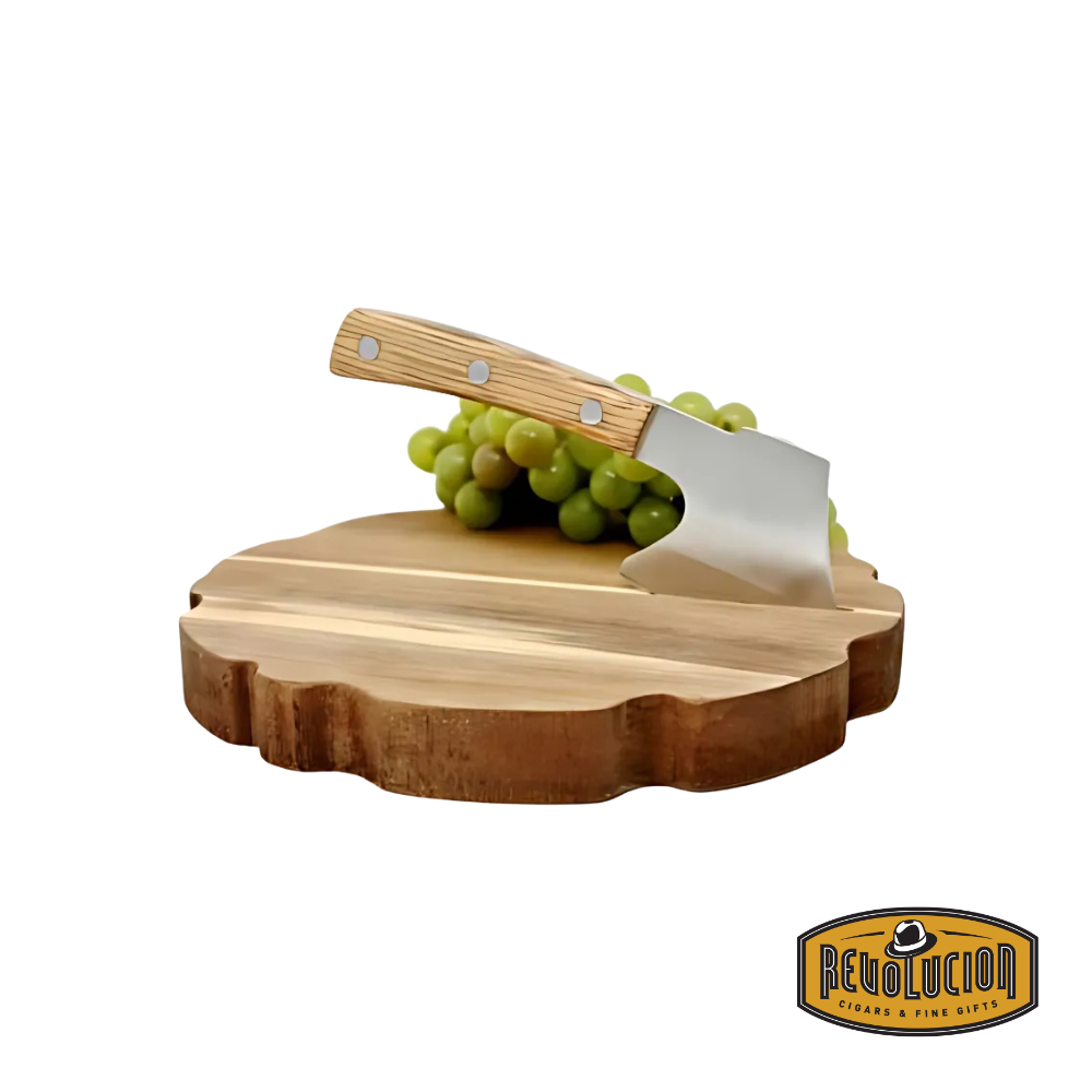 Wooden cheese board with chopper placed on top, showcasing a clean, rustic design.