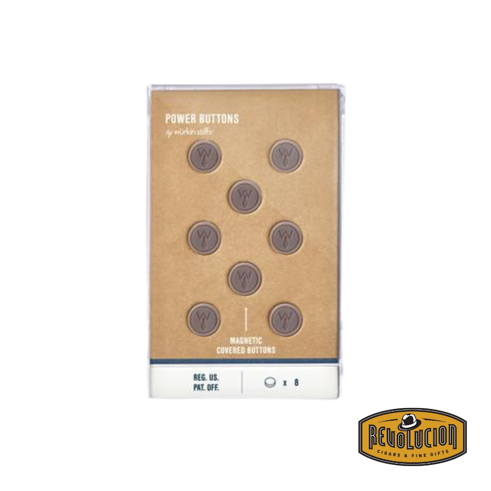 A box of Wurkin Stiffs Silver Magnetic Power Buttons, containing four pairs of strong magnetic stays designed to keep your collar perfectly in place.