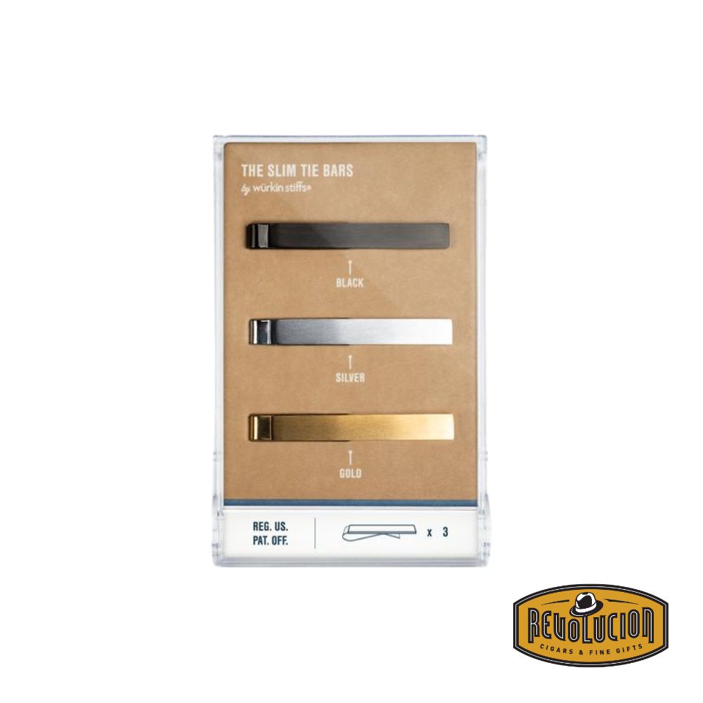 A premium Wurkin Tie Bars set displayed in a sleek box, featuring three elegant tie bars in black, silver, and gold, crafted for a secure and sophisticated touch to any outfit.