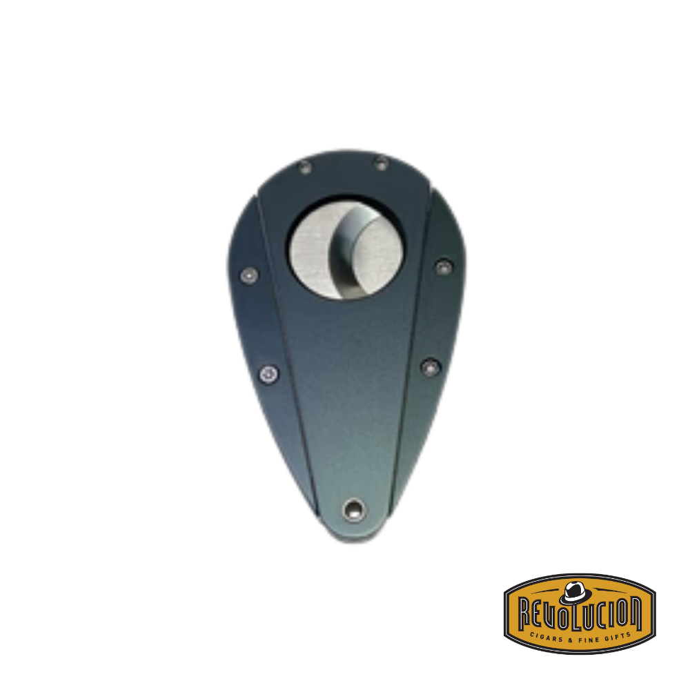 A premium double-guillotine cutter with a sleek titanium finish, crafted with an aluminum body and ultra-sharp stainless steel blades for precise cigar cuts.