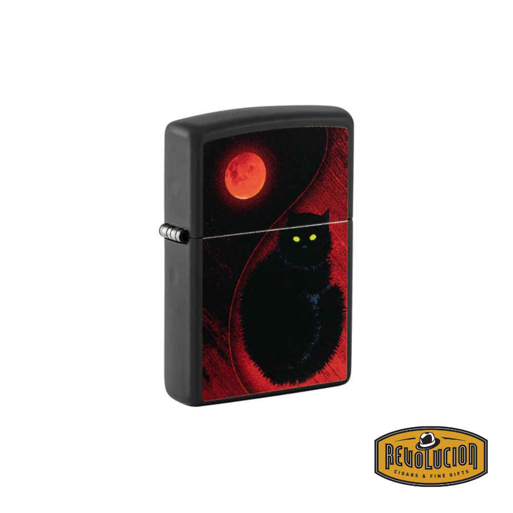 Black Zippo lighter featuring a design of a black cat with glowing yellow eyes under a red moon, with the lid closed.