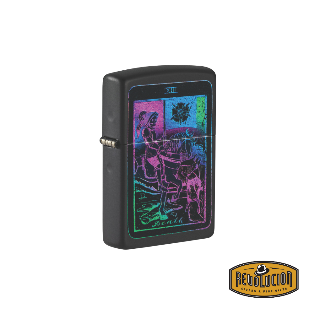 A sleek black matte Zippo lighter featuring a mystical tarot card design illuminated with vibrant neon colors. The artwork, inspired by the Death card (XIII) from traditional tarot decks, showcases a skeletal rider on horseback, symbolizing transformation and renewal. The iridescent hues give it a striking, almost otherworldly glow.