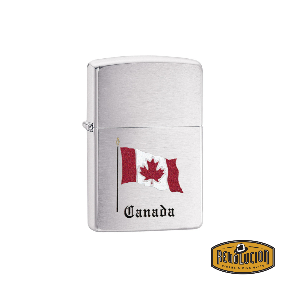 Zippo Canada Flag Souvenir Design Lighter, displayed closed, showcasing its bold red and white maple leaf design.