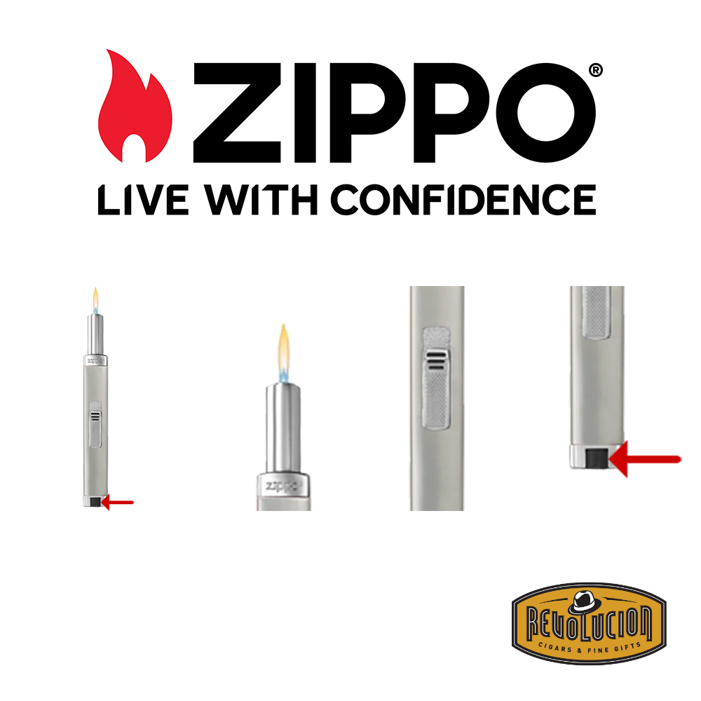 A durable and elegant Zippo lighter with a push-button ignition and an extendable nozzle, perfect for everyday use.
