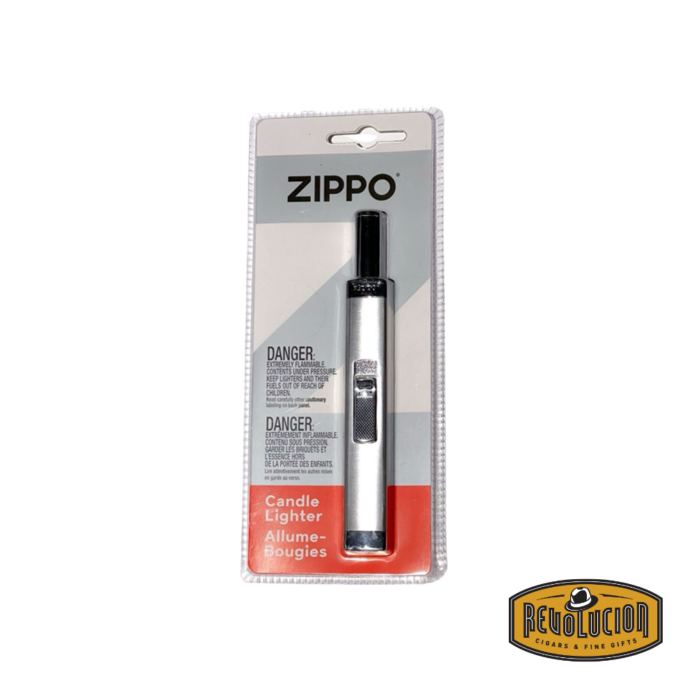 A sleek, silver Zippo lighter with an adjustable flame, designed for candles and other uses. Features an ergonomic ignition system and a modern design.