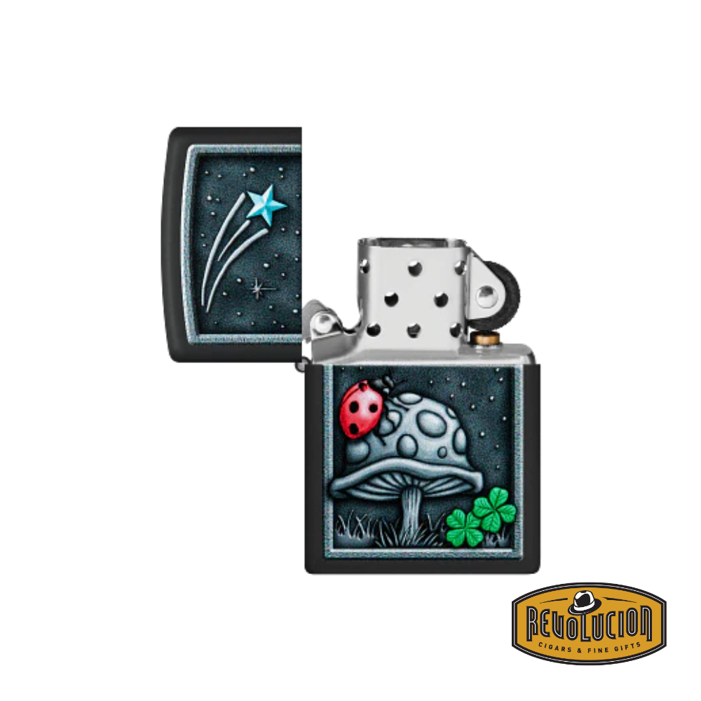 Opened Zippo Ladybug Design lighter revealing its classic windproof insert, showcasing the intricate artwork of a ladybug, mushroom, and night sky.