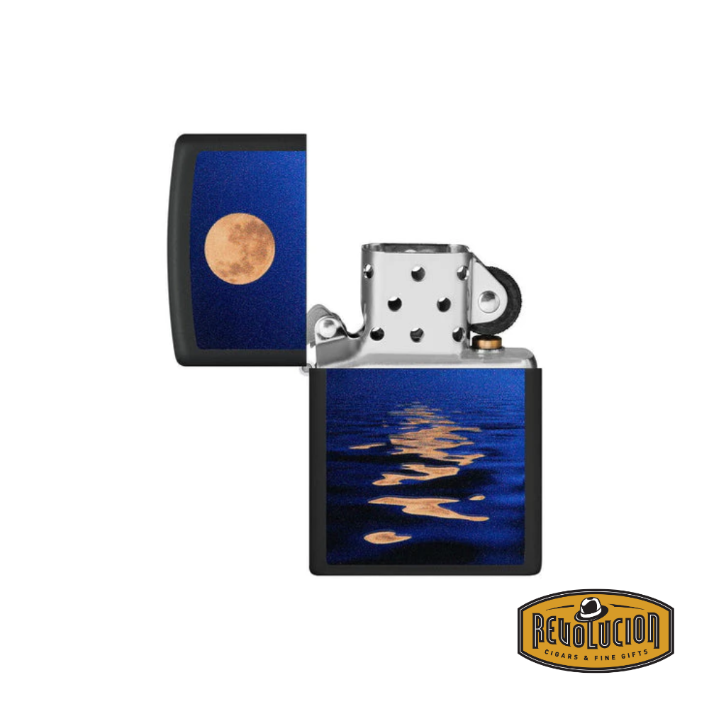 Opened Zippo Moon Sunset Design Lighter, revealing its classic windproof flame and sturdy metal build.