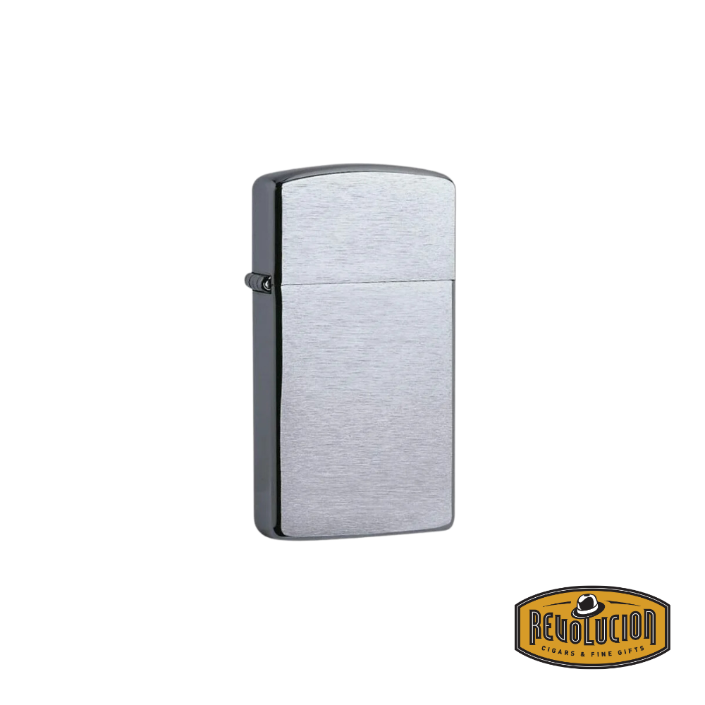 Brushed chrome slim lighter with a minimalist design, featuring a polished metal finish