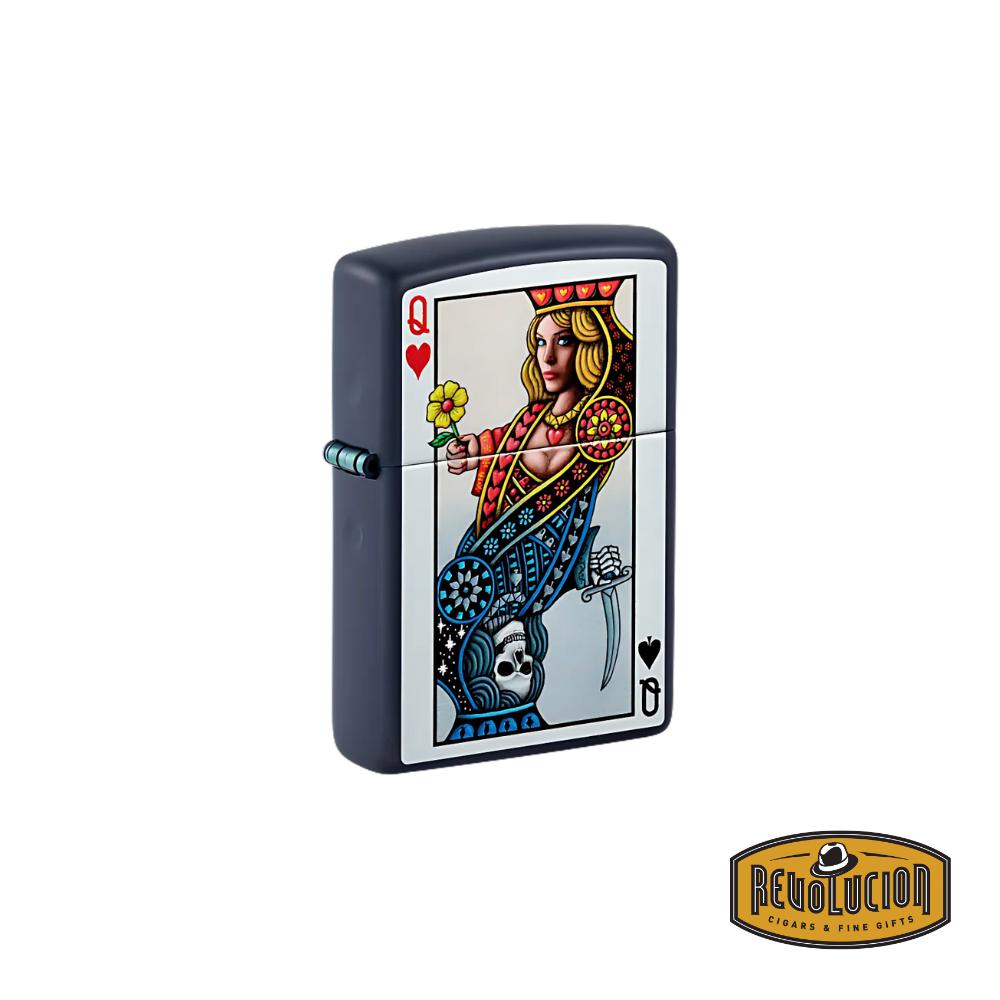 A Zippo lighter with a creative Queen of Hearts design featuring vibrant colors and intricate details, including a playful blend of classic card art with modern accents, accompanied by the Revolucion Cigars &amp; Fine Gifts logo.