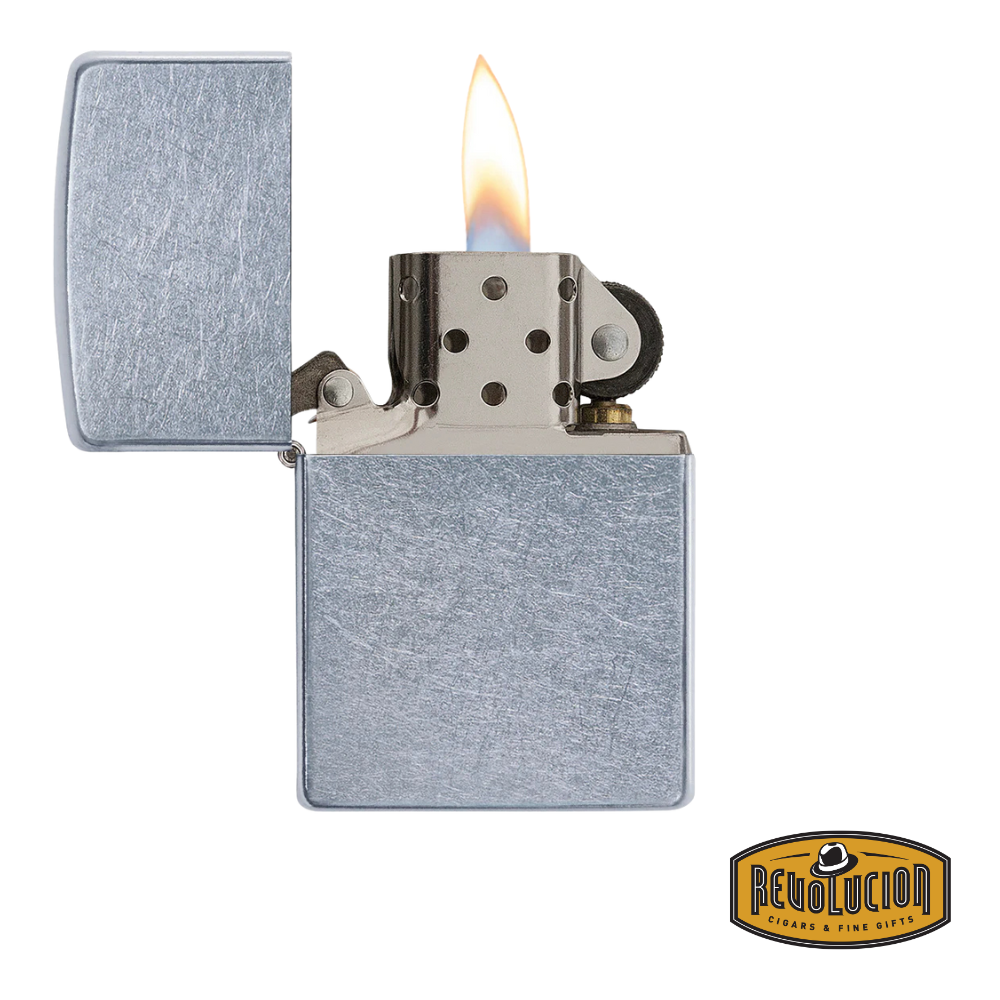 Opened Zippo Regular Street Chrome Design Lighter with visible flame and iconic flint wheel ignition.