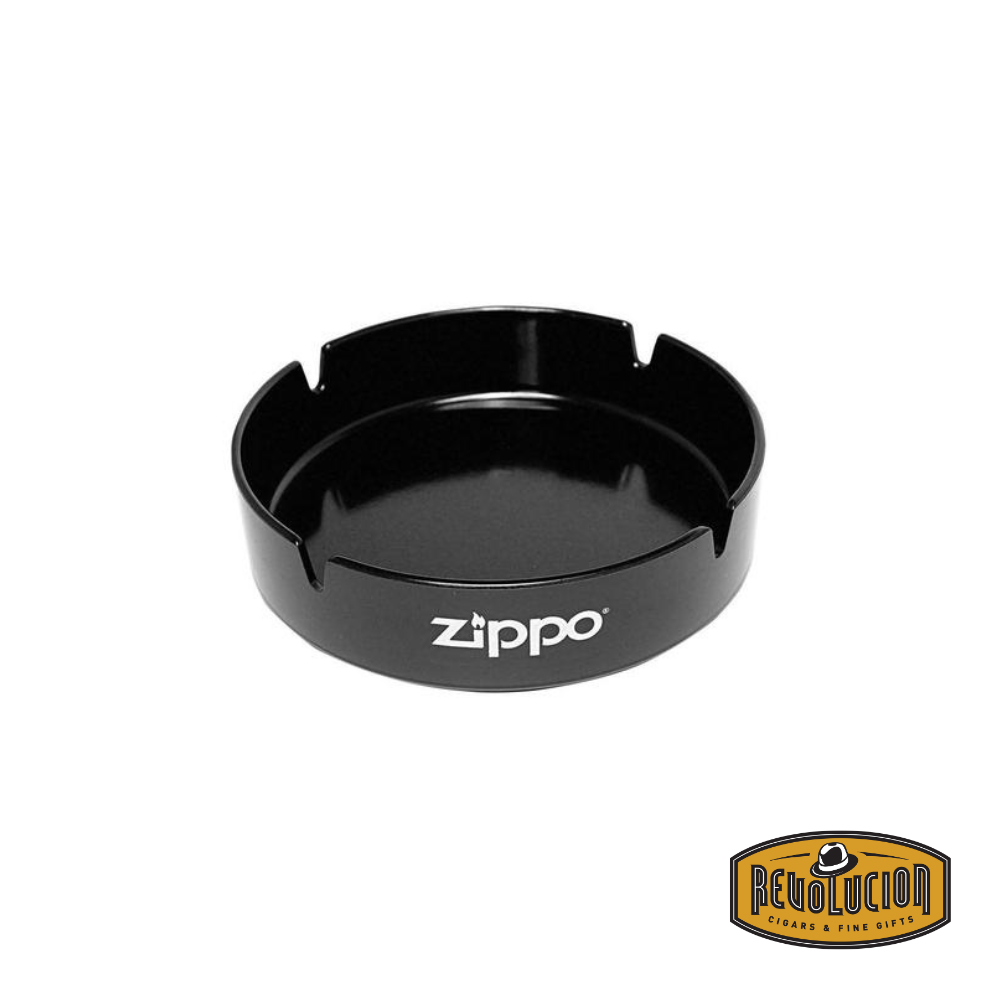 Front view of the Zippo Round Logo Black 3 Cigar Ashtray, featuring a deep black finish with the Zippo logo and three dedicated cigar rests.