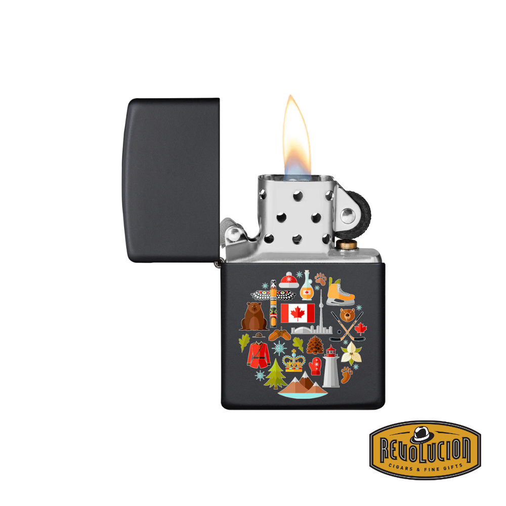 Opened Zippo Souvenir Canadian Culture Black Lighter, displaying its signature windproof flame and sturdy metal build.