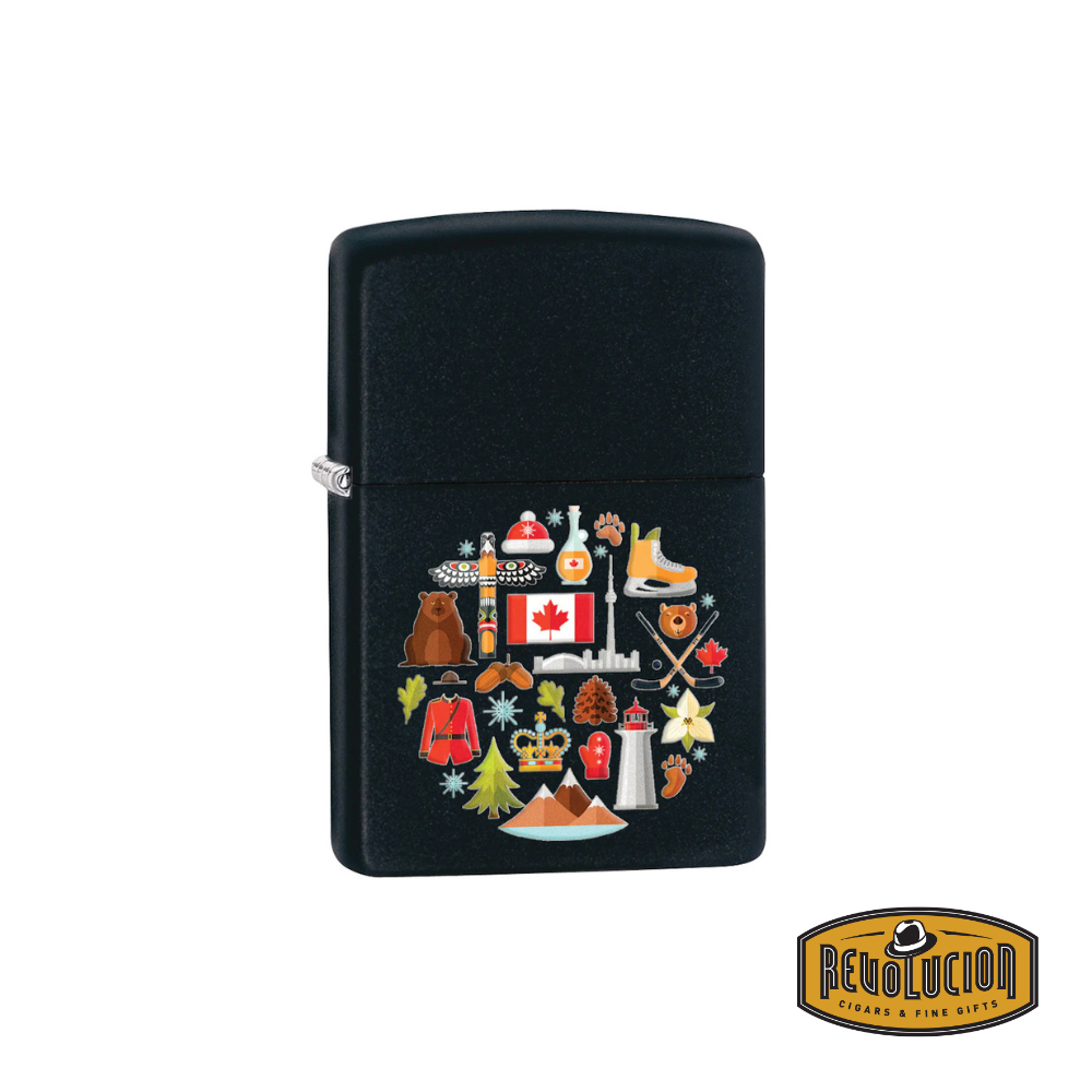Closed Zippo Souvenir Canadian Culture Black Lighter, featuring an intricate design celebrating Canadian heritage.