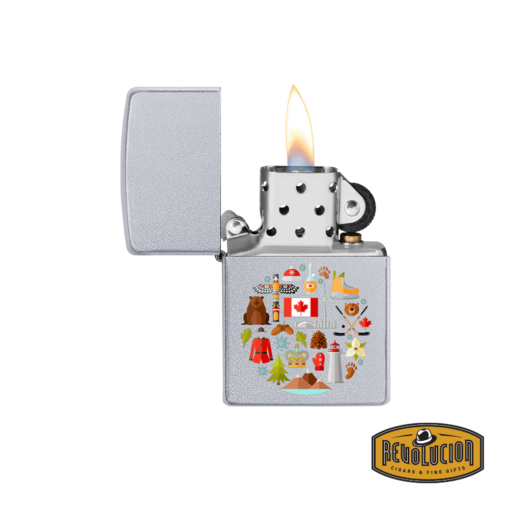 Opened Zippo Souvenir Canadian Culture Lighter, revealing its iconic windproof flame mechanism.