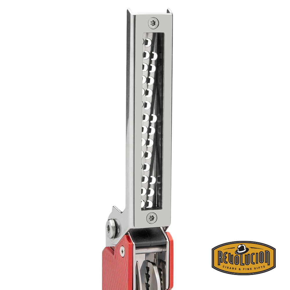 View of the fire-starting insert extended from the tool, emphasizing its survival functionality.