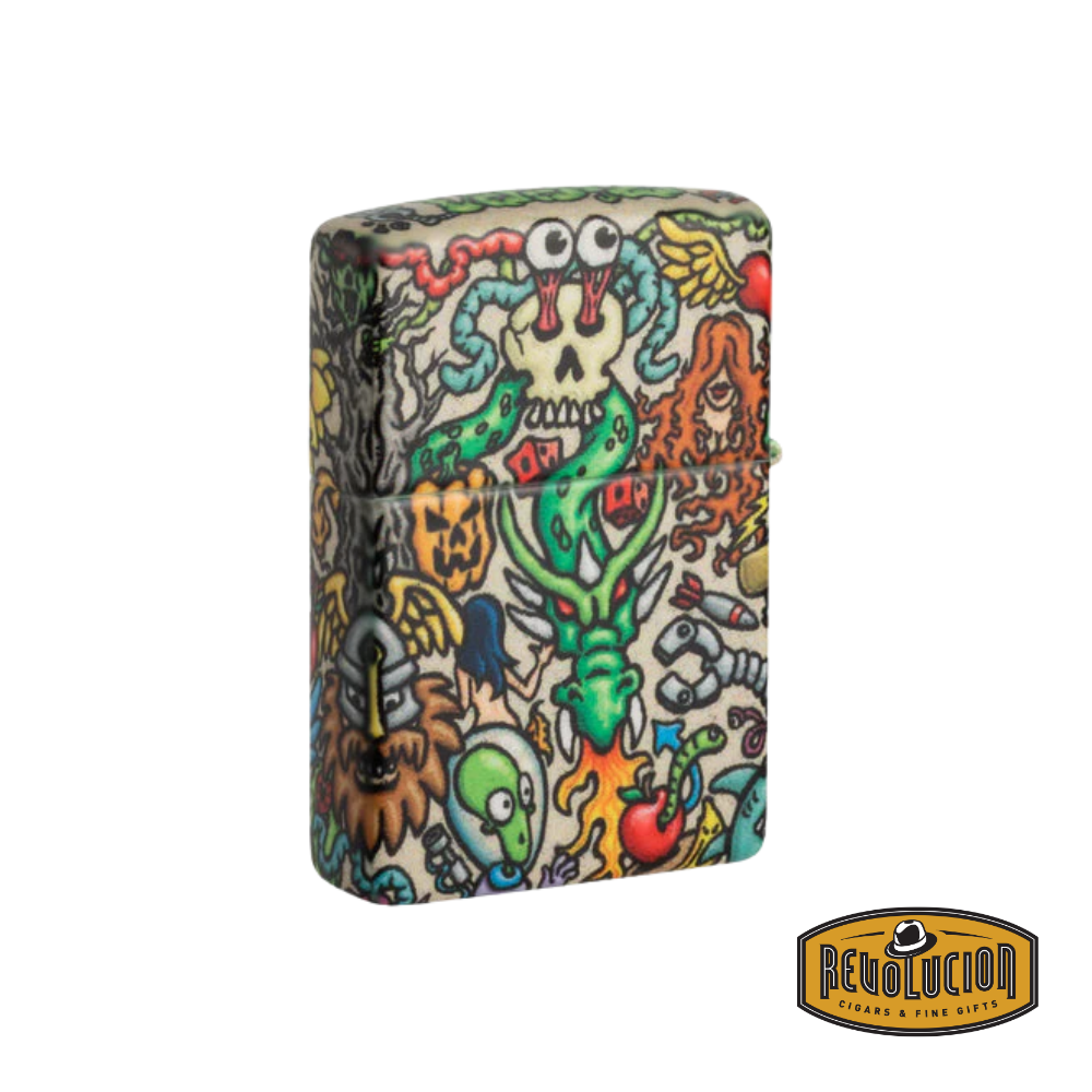 Zippo Tattoo Theme Design Lighter (Back): A Zippo lighter featuring a vivid and chaotic tattoo-style design, covered in colorful, abstract illustrations including eyes, skulls, tentacles, and expressive cartoon-like elements.